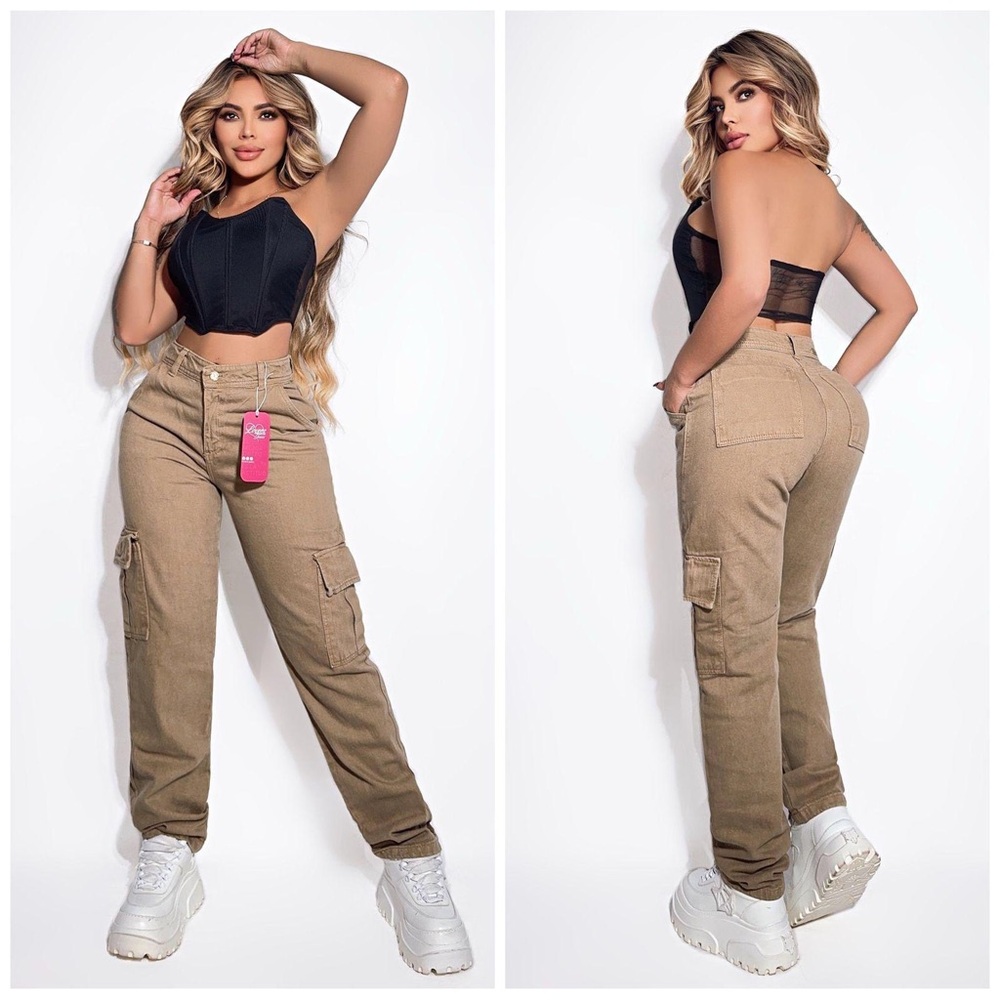 Black Crop Top and Tan Cargo Pants